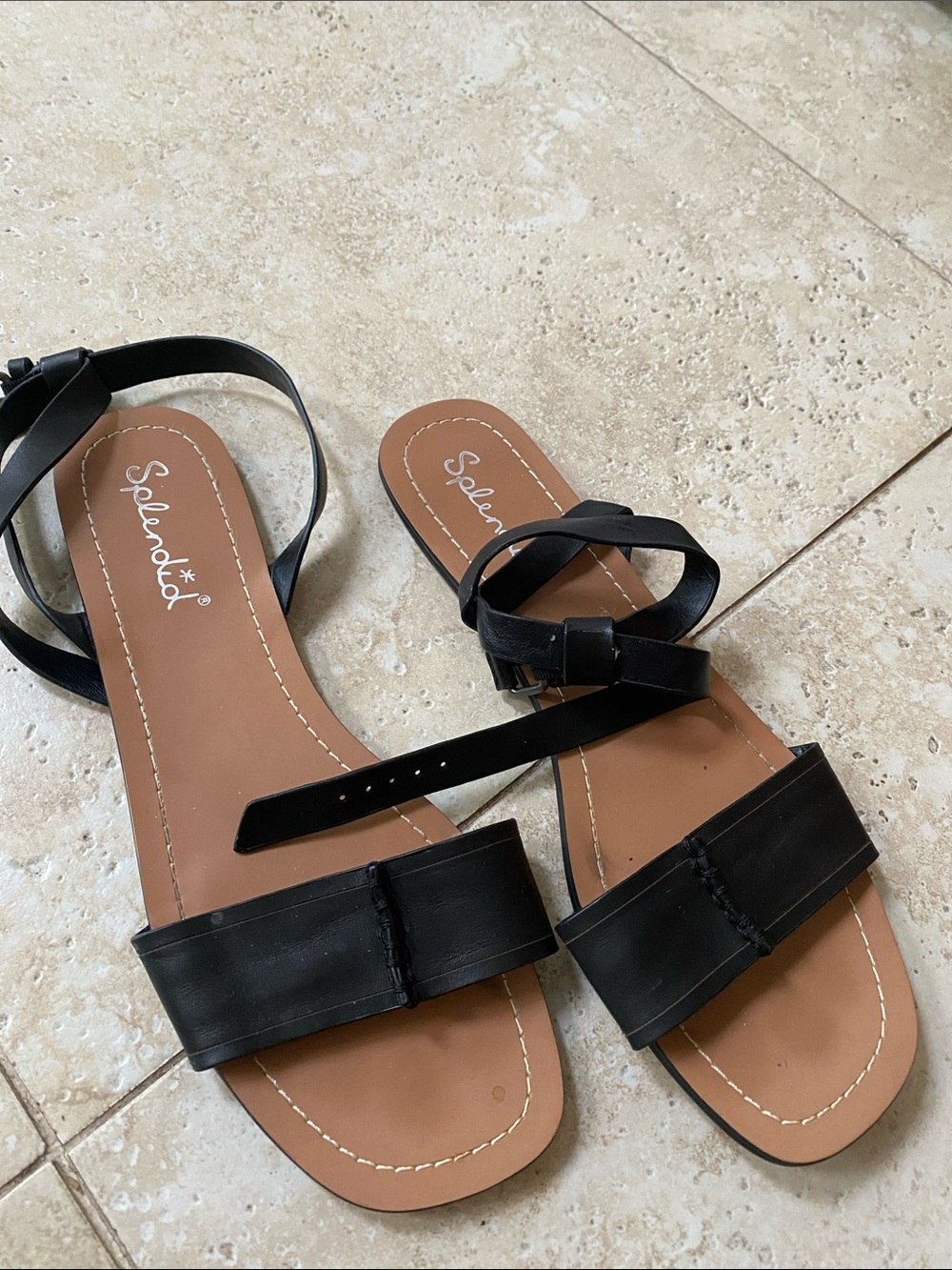 Genuine leather ankle strap flats from splendid. Black size 11.